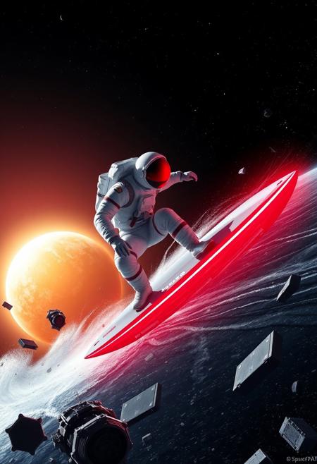 Digital artwork featuring a futuristic and dynamic scene. The layout is centered around an astronaut in a white spacesuit with a reflective red visor, riding a surfboard-like device into a planets atmosphere, causing a red glow from the leading edge. The background is a dark, starry expanse with a bright, glowing planet in the distance, casting an orange hue. Surrounding the astronaut is the debris from a destroyed spacecraft, adding a sense of adventure and exploration. The overall style is highly detailed and vibrant, with a strong contrast between the dark space and the bright elements.