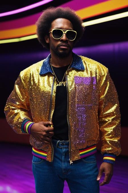 raw photo, upper body, disco, (80s, retro:1.1), dance floor, lasers, rainbow theme, a dancer man, 30 years old, sunglasses, big afro, (manly, wide jaw:1.2), dark skin, sparkly jacket, golden shirt, (vibrant colors:0.9),  (muted colors,cinematic, dim colors, soothing tones:1.3)
