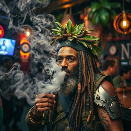 ( shot on a iPhone style) chilled happy big dreads tribal painted medicine man Rasta man with armor and military fatigues smoking a huge spliff the size of a fist, he blows of so much smoke it makes the crowd cough and dance, blowing the smoke into a cozy bar, crowded happy cozy gritty scifi jungle bar during a heavy rainstorm (masterpiece medium format swirly bokeh hyperrealisitic concept art 8k)  masterpiece medium format photo tribal amazon warrior he has leaves and flora in his hair, muted colours, soft focus
