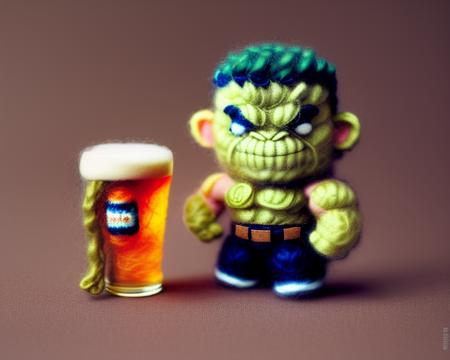 miniwool style of Hulk sad drinking a beer, made of wool, product photo, centered, cute, mini