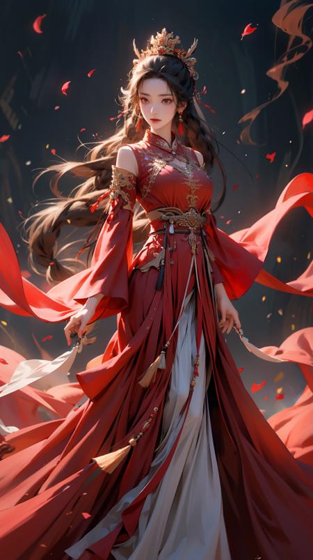 1girl, solo, dress, long hair, red dress, jewelry, petals, falling petals, earrings, forehead mark, black hair, chinese clothes, hair ornament, full body, facial mark, long sleeves, braid, tassel, hair bun<lora:å¤å éå¸:0.6>,