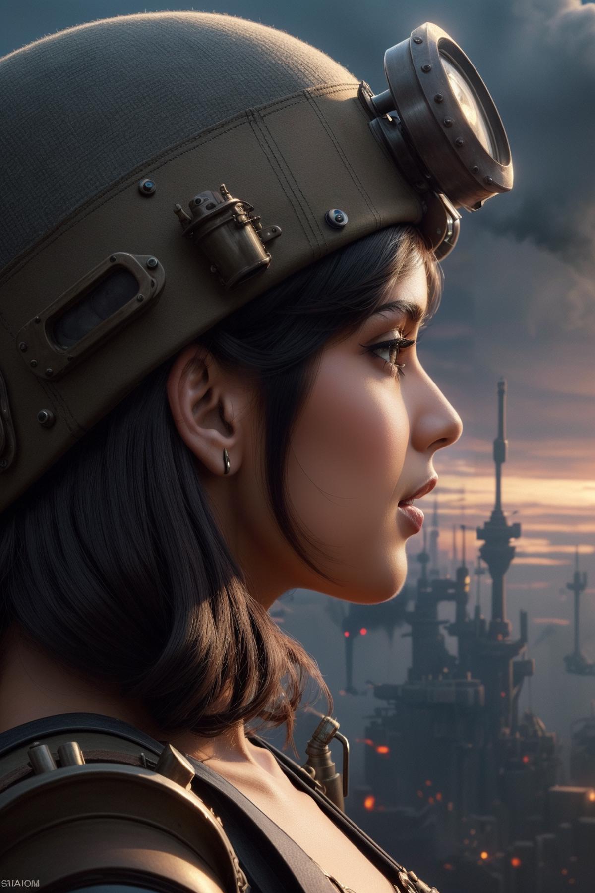 A woman wearing a helmet gazes into the distance, with a futuristic city in the background.