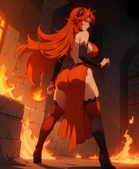 margaret_odeus, mature female, detailed, masterpiece, HDR, detailed sharp, best quality, highres, 1girl, solo, 
long_hair, orange_eyes, hair_ornament, red_dress, cleavage, thighhighs, boots, 
makeup, thick lips, lipstick, eyeshadow,   
 fiery_hair, angry, floating hair, fire, from behind, henshin, fighting stance, 
backlighting, depth of field, indirect lighting, dim lighting, hand
curvy, thick thighs, narrow waist, wide hips, large breasts,  
 <lora:margaret_v01:0.80>