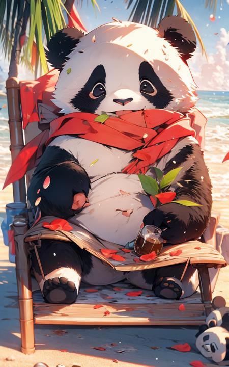 1 cute panda,outdoors,solo,On the beach,Face Close-up,portrait painting,Take the drink,hat,furry,leaf,standing,red scarf,no humans,Scarf,Coconut Tree,MG xiongmao,petals falling,Lie on the chair,Sky,Cloud,seagull,<lora:MGxiongmao_20230614171020:1>,