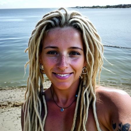 kgface, solo, selfie, portrait,  female, blonde hair, dreadlocks, rings, tattoo, freckles, jewelry, piercings, happy, dancing, beach