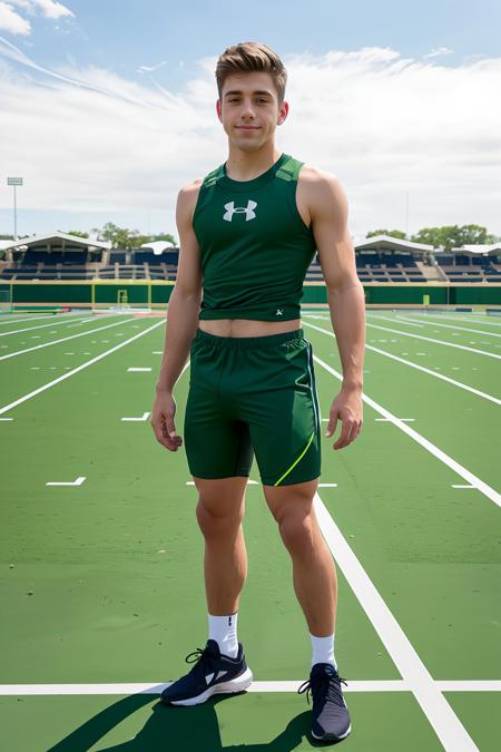 sunny spring day, track and field stadium, standing on the running track, (male focus), JoeyMills wearing pine green track uniform, helixJoey, sleeveless Under Armour compression shirt, (Under Armour compression shorts), sneakers, slight smile, (((full body portrait))), wide angle  <lora:JoeyMills:0.8>