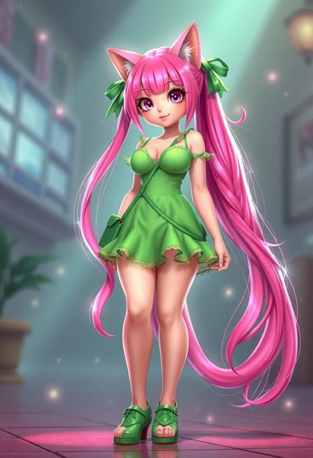 Realistic anime. 3d Pixar , Cat girl with neon pink hair that reaches the floor, sparkling pale pink eyes, voluptious, big boobs, wearing a short, slutty, green sundress with a ridiculous amount of frilly ruffles on the hem, cleavage, cute face, ribbons in hair, green Mary Jane shoes, green cross body purse,  glow, god rays, ethereal, dreamy, heavenly, otherworldly, dream-like, breathtaking, captivating, divine, Bioluminescent, realistic 3d, hd 4k 8k high definition best quality