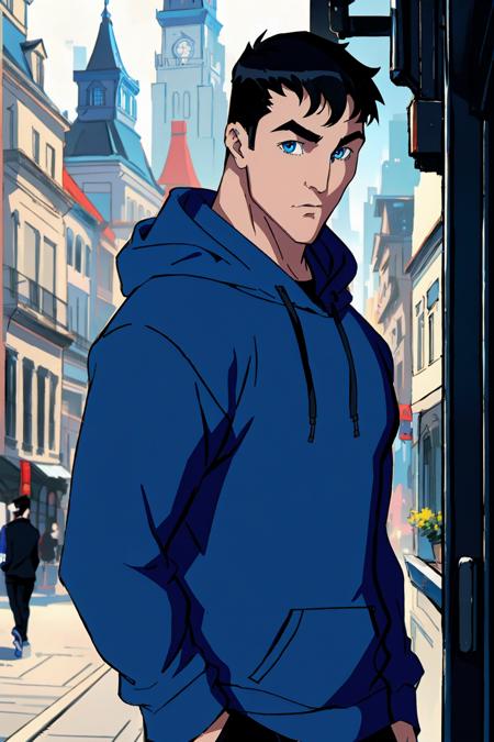 Bruce_Wayne,1boy,solo,black hair,blue eyes,male focus blue shirt 