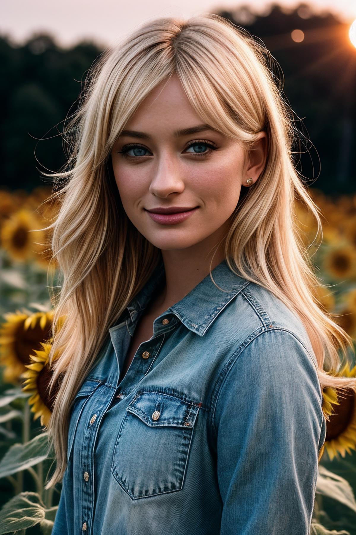 Blonde Woman with Blue Eyes Smiling in a Field of Sunflowers
