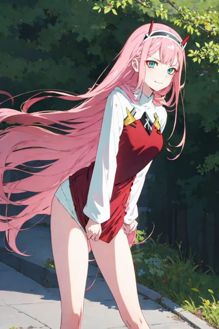 zerotwo, 1girl, solo, blush, rose blush, long hair, looking at viewer, smile, closed mouth, medium breasts, Standing, very long hair, green eyes, pink hair, hairband, horns, shiny, shiny hair, aqua eyes, straight hair, :p, white hairband, double-breasted, honey, masterpiece, realistic, anime, <lora:zerotwo:1>,  <lora:skirt_tug_v0.1:1>,
<lora:skirt_tug_v0.1:1.0>, clothes tug, oversized clothes, hoodie, naked hoodie, sweater tug, wind, implied pantyshot, best quality, highly detailed