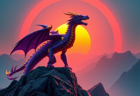 Robot Dragon, purple and gold, on a mountain, cinematic photograph with an orange and blue synthwave sun background.