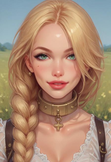 1girl, illustration, looking at viewer, highly detailed, from front,1girl, looking at viewer, highly detailed, skinny, looking at viewer, 1girl, masterpiece, best quality, full body portrait, 1girl, <lora:agrias-nvwls-v3:1> agrias, armor, corset, dark red dress, brown gloves, cross-laced boots, looking at viewer, sidelocks, braided ponytail, light green eyes, Romance, sci-fi, artificial intelligence, highly detailed, (Thick steel collar:1.5),
BREAK 
slight smile, looking at viewer, 
BREAK 
long hair, blonde hair, hair over one eye, big hair, 
BREAK 
best quality, depth of field, bokeh, (((full clothed)))  (best quality, high detail), ((masterpiece)), <lora:1_ino_20e:1>
BREAK 
((((((field, mill)))))) score_9, score_8_up, score_7_up, score_6_up, source_cartoon, rating_explicit, Expressiveh, (((((upper body))))), dynamic pose
