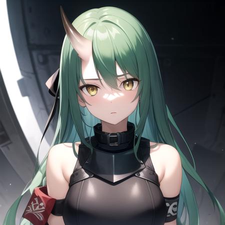 ((masterpiece)),(best quality),official art,extremely detailed CG,unity 8k wallpaper,ultra detailed,perfect lighting,1girl,solo,upper body,(portrait:1.2),very_long_hair,green_hair,single_horn,black_footwear,boots,black_gloves,oni_horns,looking_at_viewer,armor,arm_ribbon,black_shirt,breastplate,clothes_around_waist,hair_between_eyes,sleeveless_shirt,jacket_around_waist,black_pants,yellow_eyes,knee_pads,black_ribbon,bare_shoulders,cross-laced_footwear,high_collar,straight_hair,bangs,large_breasts,armband,black_jacket,<lora:Hoshiguma(ark)>,