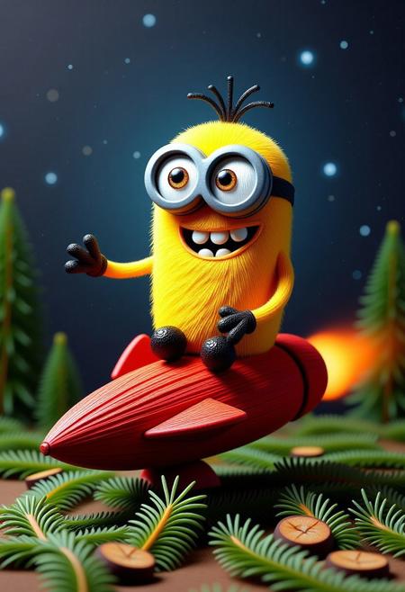 A happy yellow minion made out of (fir needles), he has one eye and he's smiling, he's sitting on a large red rocket made out of fir needles, space background, a scene made in the fir needle style
