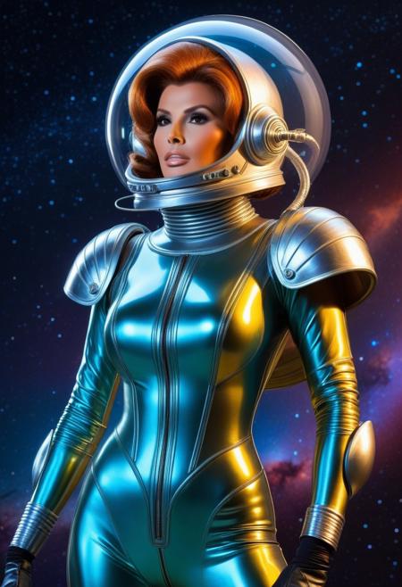 raquel welch with bouffant hair in retro sci-fi tight 1960's era sci-fi wetsuit with transparent space helmet straps crisscrossed over chest air tanks on back large crescent shaped shoulder pads go-go boots, steel, metal, leather, Perfect Composition Intensely Deep Rich Colors Sparkling, classic sci-fi rocket long needle nosed spaceship with tail fins and rocket tubes, ww2 bomber canopy with outer space background, retrofuturism, vibrant and saturated colors, detailed, etched, epic retro futuristic background, cinematic, Sparkling Iridescent Translucent Holographic Layered Sculptured Polished Reflective Surfaces,