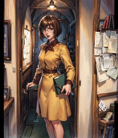 masterpiece, high res, detailed face, detailed eyes, anime screencap, 1 girl, slender, glasses, angry, open mouth, pointing (((holding rolled paper))), short hair, brown hair, yellow dress, indoors, full body, military tactics room, medieval, cowboy shot   <lora:Apple:1>