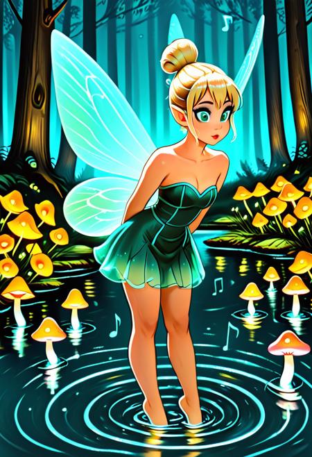 masterpiece, best quality, AdFF, 1girl, solo, breasts, blush, short hair, bangs, blonde hair, dress, cleavage, bare shoulders, green eyes, standing, collarbone, full body, sidelocks, small breasts, outdoors, parted lips, wings, pointy ears, artist name, water, hair bun, :o, aqua eyes, tree, see-through, bare arms, bare legs, strapless, makeup, leaning forward, night, glowing, looking away, short dress, single hair bun, nature, strapless dress, wading, forest, reflection, green dress, eighth note, fairy wings, fairy, mushroom, ripples, beamed eighth notes, hands on own knees, standing on liquid, pond, fireflies , music notes,