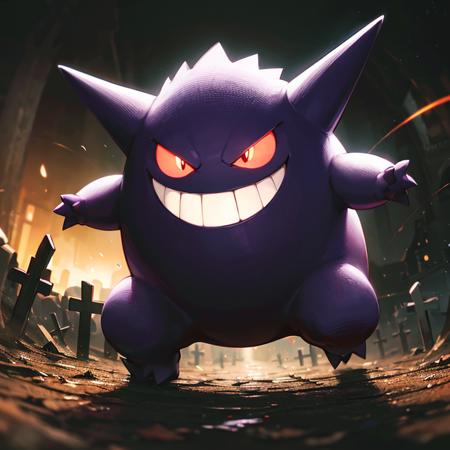 centered, award winning photo, (looking at viewer:1.2), | evil grin, Gengar_Pokemon,  solo, no humans, pokemon \(creature\), smile, dynamic pose, | graveyard, dark theme,  | bokeh, depth of field, cinematic composition, | <lora:Gengar_Pokemon_v2_Anime:0.6>