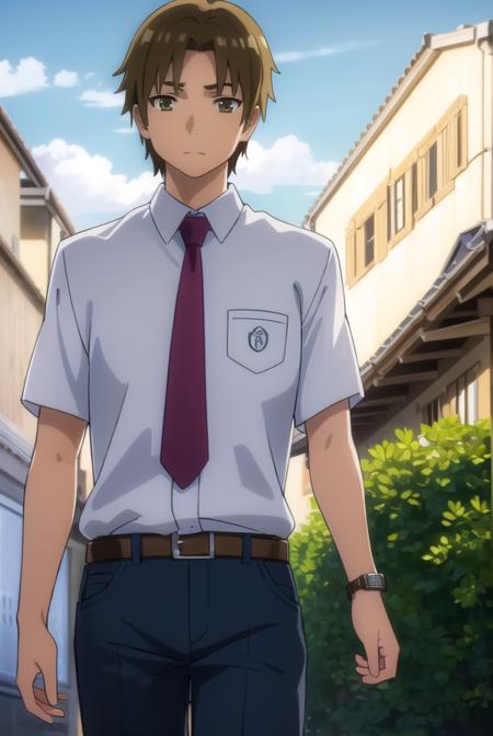 atsumumatsuyuki, <lora:atsumu matsuyuki s1-lora-nochekaiser:1>,
atsumu matsuyuki, brown hair, (brown eyes:1.3), male focus,
BREAK shirt, school uniform, white shirt, short sleeves, necktie, collared shirt, belt, pants, red necktie, watch, wristwatch,
BREAK outdoors, house, fields, grass, sky, sun, clouds,
BREAK looking at viewer, (cowboy shot:1.5),
BREAK <lyco:GoodHands-beta2:1>, (masterpiece:1.2), best quality, high resolution, unity 8k wallpaper, (illustration:0.8), (beautiful detailed eyes:1.6), extremely detailed face, perfect lighting, extremely detailed CG, (perfect hands, perfect anatomy),