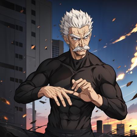 sbang(one punch man), 1boy, solo, facial hair, white hair, short hair, old man, muscular, ((male focus)), middle body, standing, ((black eyes)), ((grey eyes)), black shirt, on frame, fighting stance, city, sunset, blue sky, destroyed city, beard, old, scar, manly, abs, ((five fingers)), long sleeves, mustache, old, <lora:sbang_onepunchman:0.7>, <lora:thickerLinesanimeStyle:0.7>