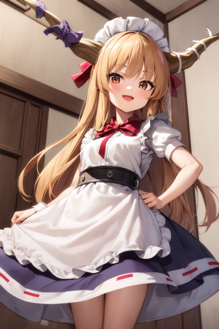 1girl, solo, ibuki suika, horns, low-tied long hair, sidelocks, maid uniform, white headwear, short sleeves, puffy sleeves, apron, standing, indoors, looking at viewer, open mouth, smile <lora:suika:1>