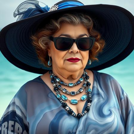 masterpiece portrait of elegant plus-size woman in ocean-themed ensemble::1.4, Sølve Sundsbø style::1.2, avant-garde fashion art::1.1,
(physical description: curvy mature buildgrandmother, Jewish, big nose, full lips, red lips, graying hair, short hair, curly hair, huge breasts:1.5, saggy tits, long breasts, elderly female, grandmother, large breasts, thick thighs, huge ass, big ass cheeks, saggy ass, cellulite, , soft fair skin, auburn wavy hair hidden under hat:1.1)
(facial features, expression: partially obscured by oversized black sunglasses, poised serene expression:1.0)
(clothing details: flowing multi-toned dress or kaftan with marbled swirls of blue, white, and navy, layered under a sheer kimono-style overlay in matching hues:1.0)
(accessories: wide-brimmed black hat with a cobalt blue band and silver embellishment, long layered necklace with silver and aquamarine details, silver bracelet on wrist:0.9)
(background setting: coastal promenade at sunset with waves crashing behind, dramatic sea spray mist in the air:0.9)
(lighting style: golden hour light with sun-dappled glow and soft shadows:0.8)
(composition and camera framing: full body shot, three-quarter profile, wind catching the fabric and hat brim:1.0)
(emotional tone or theme: ethereal grace meets seaside drama, “tropical mermaid” elegance:0.9)
(technical execution: high-resolution, soft fabric textures, light interplay on flowing garments, cinematic flair:0.8)