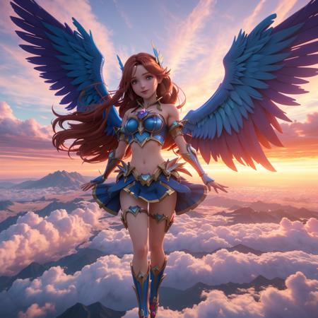 unreal engine 5.2 art, a beautiful technicolor CGI magical girl, flying through the sky, sunset backdrop, clouds, a pair of fiery blue wings



