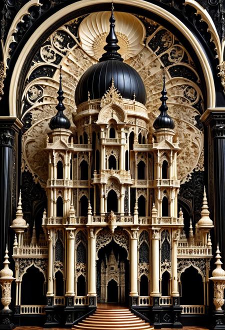 a grand palace carved entirely from ebony and ivory, intricate scrimshaw style, highly detailed architecture, ornate engravings, black and white contrast, majestic towers and domes, baroque and gothic fusion, carved textures in bone and wood, surreal and elegant atmosphere, symmetrical design, dramatic lighting, fantasy setting, hyper-detailed, sdxl style