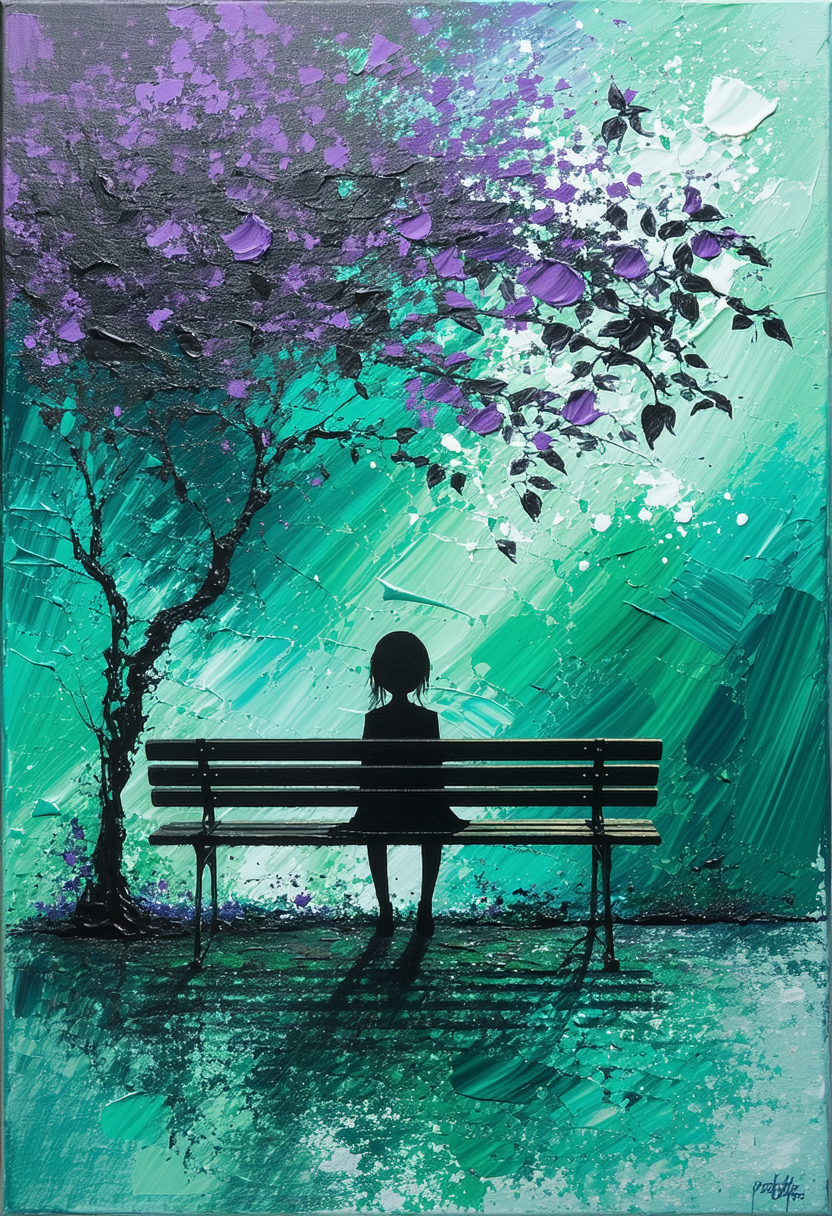 A silhouetted figure sitting alone on a wooden park bench rendered in an impressionistic painting style using bold acrylic brushwork and a limited color palette of greens, purples, black, and white. A tree with black branches extends from the left side of the composition, its limbs adorned with purple blossoms and black leaves and purple flowers growing at its base. The background features sweeping brushstrokes in turquoise, teal, and mint green tones, with white paint splatters throughout creating texture. 