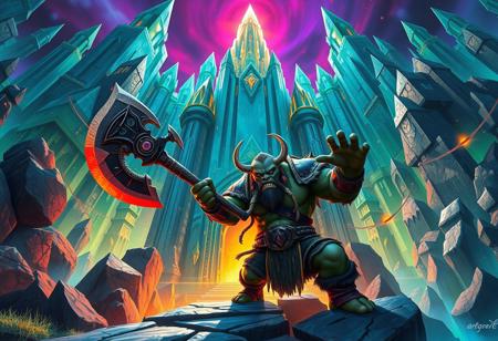 Create a vibrant, concept art of an orc warrior, wielding an axe at the entrance of a crystal fortress, as seen in the style of artgerm. Incorporate elements of grafit and tauren art. Utilize phong shading and Ambient Occlusion (OSL) techniques to achieve a 360-degree view effect. Ensure the image conveys an award-winning, authentic, and authentic style.