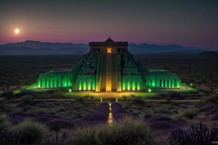 (tall ancient stone towers; 1.39) (ziggurat temple complex emerging from landscape: 1.39) raw photo, moonlight, night photography, high exposure, Arizona desert, Saguaro Cactus, Tall Mesa,  cozy, photorealistic, high detailed texture, 8k uhd, dslr, soft lighting, high quality, film grain, (Fujifilm XT3, Sony A7 IV: 1.19), highly detailed photography, (muted colors, cinematic, dim colors, soothing tones:1.2), vibrant, insanely detailed, hyperdetailed, (dark shot:1.2), (vsco:0.3), (intricate details:0.9), (hdr, hyperdetailed:1.2) (highest coherency: 1.39) (highest quality: 1.39) (rule of Thirds) (award winning) (breathtaking) (masterclass) (vibrant color: 0.79) (distant hillside) (purple-green glow: 1.49) (evil temple: 1.19)