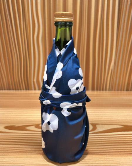 <lora:bottlewrap_v1:0.7>, water, no humans, bottle, in container, what, still life, objectification, BTLW, bottle wrapping, wooden table, abstract, realistic, you're doing it wrong, printed kimono, yukata, anime_print