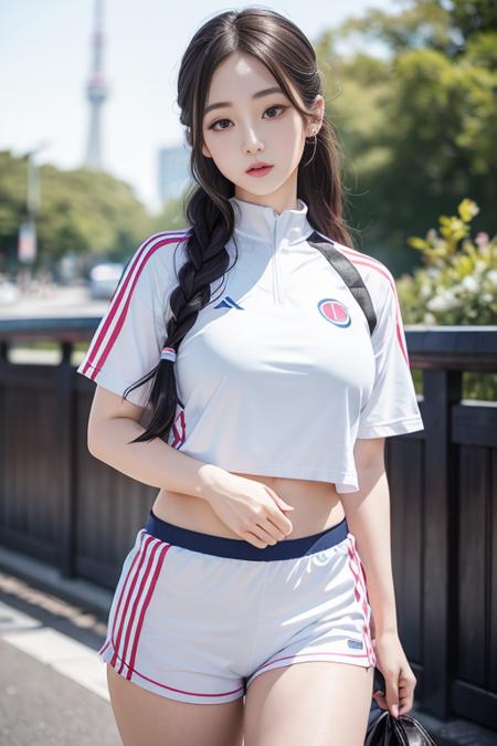 japanese girl in tokyo, sports outfit, masterpiece, best quality, official art, unity 8k wallpaper, ultra detailed, beautiful and aesthetic, beautiful, 1girl, kawaii_asian