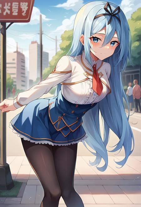 ctiankrulc1fer, light blue hair, white capelet, red necktie, underbust, blue skirt, center frills, frilled skirt, long sleeves, black pantyhose, white unitard, covered navel, collar, white sleeves, black thighhighs, elbow gloves, black gloves,