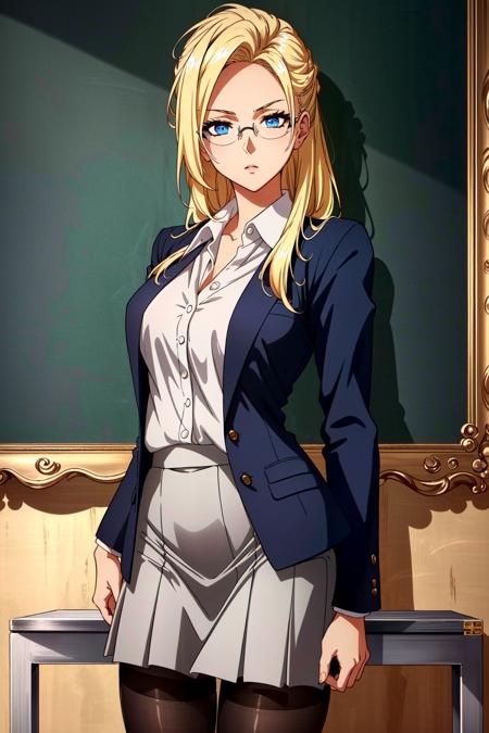 <lora:Ashe:0.6> Ashe, 1girl, solo, pantyhose, blonde hair, glasses, standing, teacher, formal, skirt, suit, long hair, chalkboard, black pantyhose, skirt suit, thighband pantyhose, pencil skirt, looking at viewer, blue eyes, perfect lighting, ((shining face, shining body)), perfect face, make up, eye shadow, ((gorgeous)), Extremely beautiful, perfect, (masterpiece:1.2), (best quality:1.2), cinematic, perfect skin, perfect lighting, textured skin, detail, beauty, overall, hour glass body, sharp focus, ultra-detailed, illustration, perfect face, ((gorgeous)), Extremely beautiful, perfect, detailed background, ((shonen style)), (detailed background, intricate background:1.1), beautiful, ((Extremely Detailed)), ((Best Quality)), ((Masterpiece)), ((4k))