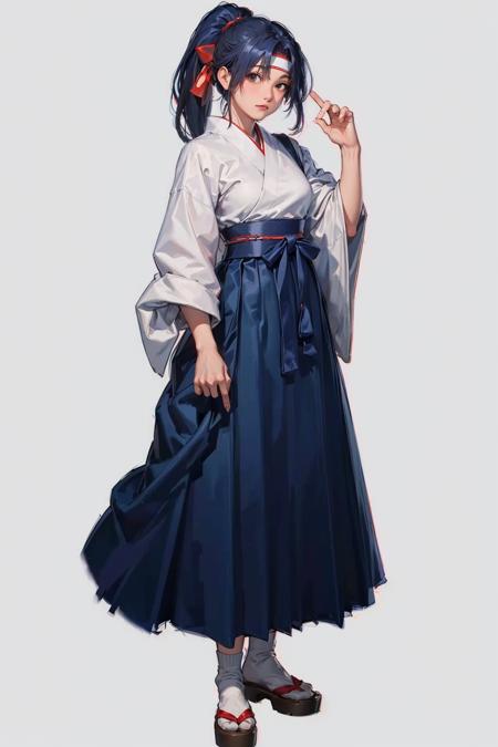 (masterpiece, top quality, best quality, official art, beautiful and aesthetic:1.2), (1girl:1.3), (fractal art:1.3),ponytail, hakama , (blue hakama skirt:1.3),japanese clothes,  headband,(white tabi:1.3),white japanese socks, red belt,full body,  simple background, (Cinmatic:0.4) <lora:kasumi-000009:0.8>