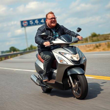 A fat american man riding a jet-powered scooter on a highway, possible retardation, almost about to crash into a guardrail and die