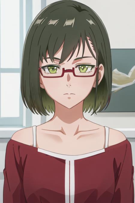 best quality, masterpiece, highres, solo, {shinjo_amane_birdiewinggolfgirlsstory:1.15}, glasses, short_hair, semi-rimless_eyewear, green_hair, green_eyes, under-rim_eyewear, red-framed_eyewear, 1girl, closed_mouth, collarbone, red_shirt, shirt, bangs, looking_at_viewer, upper_body