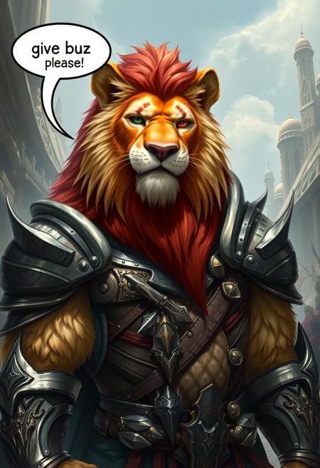 ultra realist,kenket style ,sfw ,obese furry lion ,red long hair,orange and beige fur with red fur line in between orange and beige,heterochromia one green eye one red eye, red fur line underneath eyes,beige fur on lower part of the face ,orange fur on upper face , lion ears, heavy armor,ornements on armor,dialogue bubble saying : "give buzz please",happy smile,breathtaking magic fantasy background,full body,panoramic view,dynamic pose, heroic
