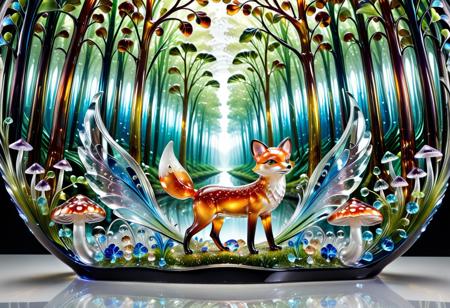 masterpiece, best quality, whimsical, murano_glass_style, enchanting forest scene with towering trees made of multicolored Murano glass, sunlight filtering through the glass leaves, creating a kaleidoscope of colors, vibrant glass reflections, set in a mystical woodland environment, a glass fox playfully darting between the trees, nearby a glass fairy with delicate wings, hovering above a glass stream, the water cascading in a mesmerizing glass flow, intricate glass mushrooms and flowers scattered throughout, the entire forest alive with shimmering reflections, a magical and serene atmosphere, highlighting the beauty and intricacy of Murano glass artistry