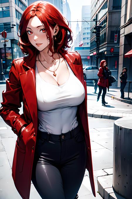 masterpiece,best quality, unreal engine, ultra res, extremely detailed,
1girl, large breasts, waist, slender, (muscular:0.9)
<lora:Character_ort_vanessa_kof_v0.3:0.5>vanessa_kof
red hair, wavy hair, short hair, red eyes,parted lips,red rouge
 <lora:Cloth_ort_fashion_v0.1:0.>
fashion2312, coat,black  jacket, white shirt, long pants, wide pants, boots,
jewelry, necklace,
winter scene, city, building, early morning , sunrise, 
 <lora:Style_hews_style:0.5> <lora:Style_anmnr01AOM3A1:0.2>
smile,