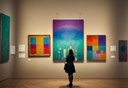 Epic style professional photo of a ((art painting, artistique painting, hanging on a wall in an modern museum:1.2)) in a neutral room, with <lora:5ParDet-ColCin-nM:0.73>, (Spiritual Expressionism), (Immersive Point of view, clear lines, glossy surface, oily gloss, perfect composition, symmetrically arranged depth of field, dynamic perspective, subsurface scattering), bokeh, decorative, symmetrical, by (((Paul Klee), Lyonel Feininger, influenced by the works of Johannes Itten) and Alexej von Jawlensky)., visitors of the museum standing aside the pittoresque piece of art, admiring the beautiful artwork, <lora:zoom_slider_v1:-6.73> wide shot, masterpiece, best quality, 8k, insane details, intricate details, hyperdetailed, hyper quality, high detail, ultra detailed, clear shadows and highlights, intense, enhanced contrast.