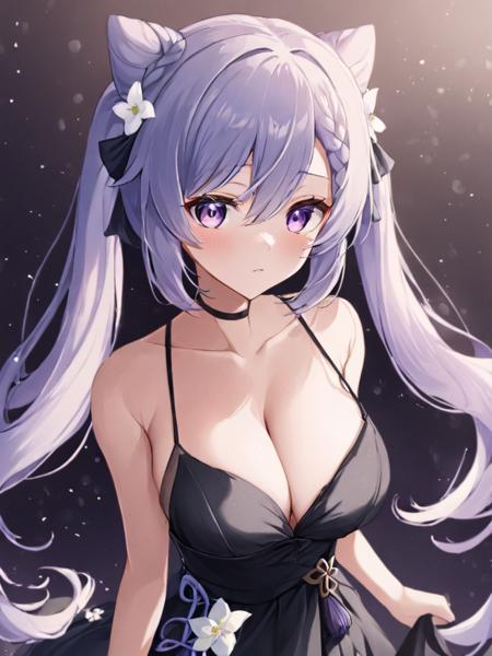 <lora:keqing3:1>,1girl, keqing (genshin impact), solo, purple eyes, flower, hair bun, long hair, dress, white flower, looking at viewer, twintails, braid, breasts, bangs, cone hair bun, bare shoulders, black dress, sleeveless, collarbone, hair between eyes, cleavage, cowboy shot, medium breasts, sleeveless dress, standing, alternate costume, double bun, very long hair, closed mouth, spaghetti strap