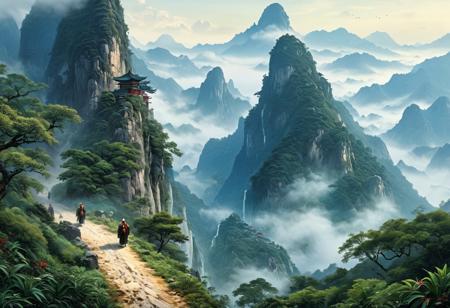 south china mountains, high slopes, foliage and fog, pilgrims on a road in the distance, distant temple on a mountaintop, epic fantasy scene, hyperdetailed, superb quality, cinematic, tranquil vibe