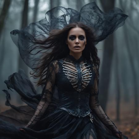 The Skeleton young Witch, flying, epoxy_skull, amidst a black swirling vortex in a dark, mystical forest. A beautiful woman with long hair stands, her figure draped in skeletal armor and an ethereal dress, engulfed by the swirling darkness. The scene is intensely cinematic, dominated by deep shadows pierced by subtle hints of light, crafting a dramatic interplay of darkness and luminescence. Wind, intensified to 1.2, weaves through the trees, enhancing her enigmatic silhouette, now surrounded by black smoke and the eye of a storm. Close-up on her sad expression, amidst sparkling embers and a billowing long piece of cloth, with a faint (intensity:0.5) hint of a Skeleton mask,