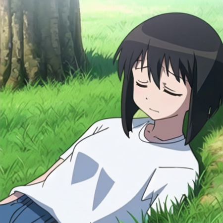 masterpiece, best quality, 1girl, portrait, kaorin, closed mouth, black hair, white shirt, blue jeans, sleeping on grass, outdoors, <lora:KaorinLoRA:0.9>