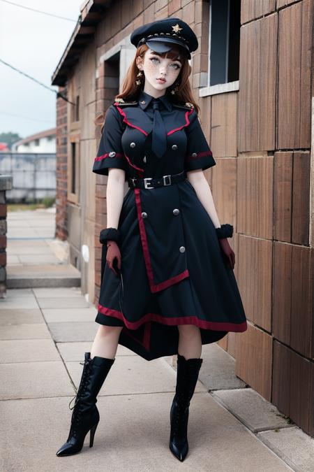 m1l1t4ry, necktie, black gloves, black dress, peaked cap, puffy dress, short sleeves,