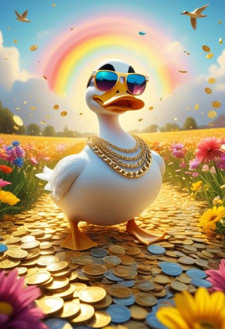 cartoon-style scene of a fabulously wealthy duck, vibrant field filled with fluttering dollar bills, wearing a lavish bling-bling gold chain, sunglasses, looking relaxed. Oversized coins, colorful flowers swaying in the breeze. Bright, sunny, with a rainbow arching overhead, adding to the whimsical and extravagant atmosphere of this rich duck's dreamland, lake of golden coins, falls of gold coins instead of water,
[style of greg rutkowski,janek sedlar,jenny saville:0]  <lora:vivid_everclear:0.35>  <lora:Sinozick:0.35>  <lora:MJ52:0.35>