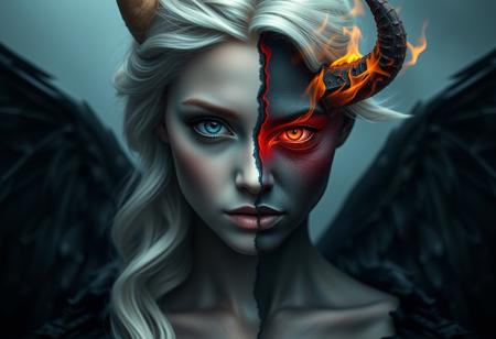 Misty Valley, a close-up of a mysterious female entity, one half of her body and face is beautiful, angelic appearance, blue eyes, white hair, the other half of her body and face is demonic, coal-black skin, red eye and hair are burning with fire, demonic horn, on her back are wings corresponding to each part of the body. Dark atmosphere, cinematic, masterpiece, clear focus.