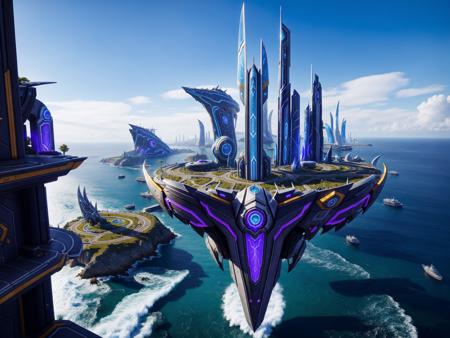 aerial down view of ultra fine cinematic photography of the sea futuristic city Argus spacescape by World of Warcraft